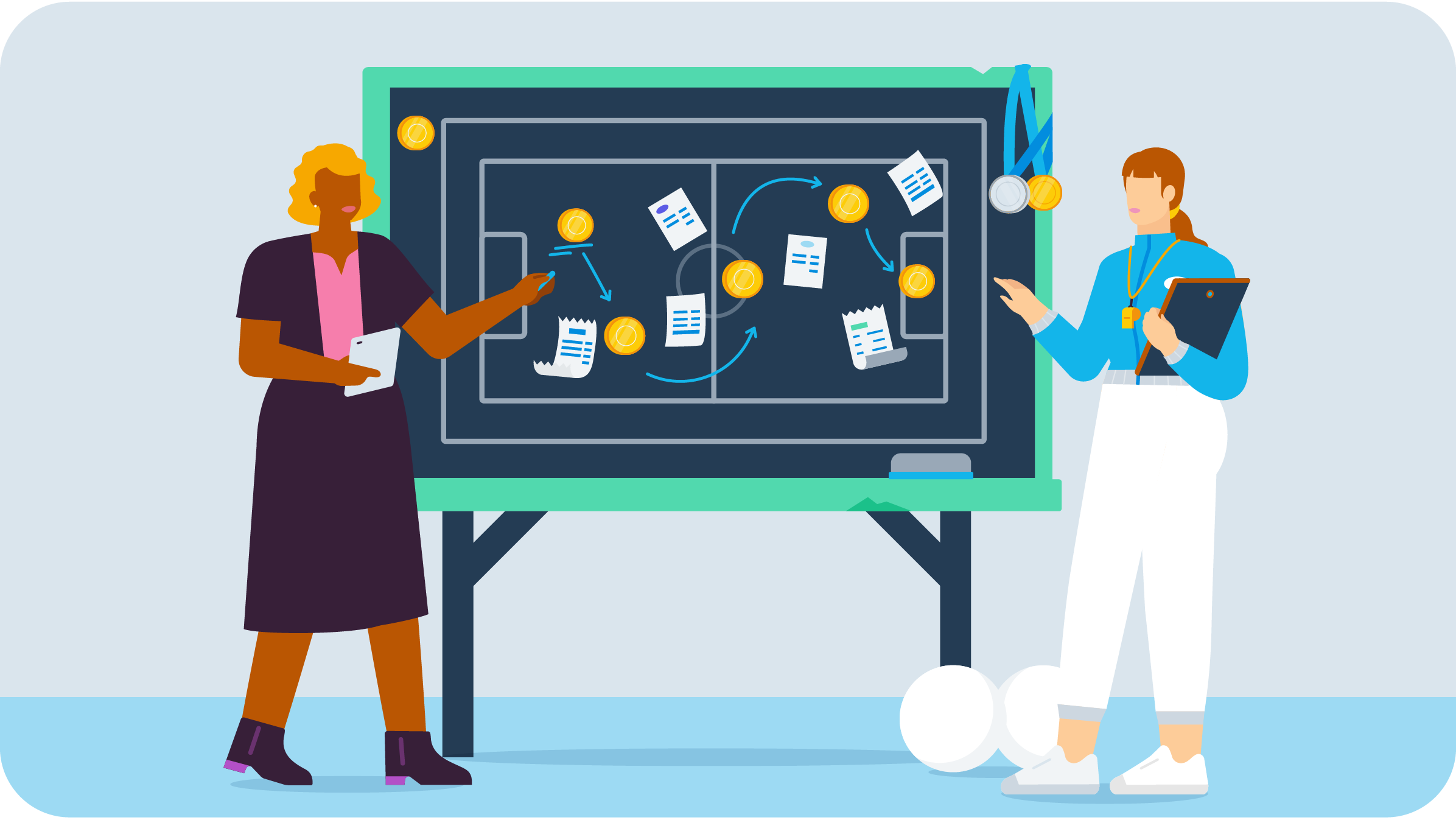 Illustration of a small business owner and football team coach analysing the clubs performance on a whiteboard